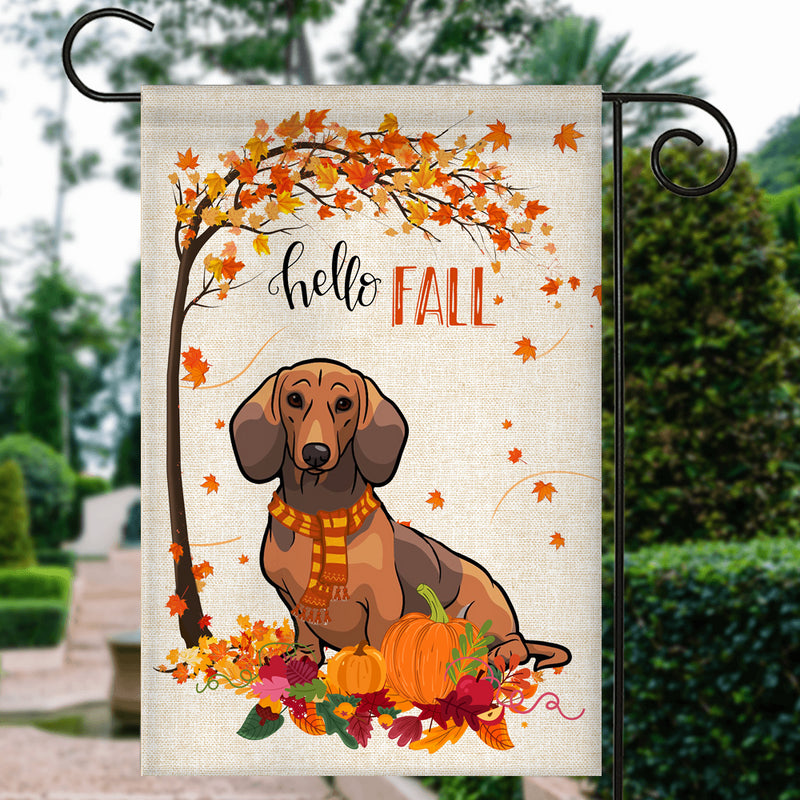 Hello Fall Dachshund Dog Flag Maple Leaves Orange Pumpkin Autumn Garden Flag mockup 3 800x.jpg