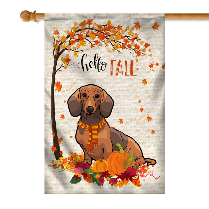 Hello Fall Dachshund Dog Flag Maple Leaves Orange Pumpkin Autumn House Flag mockup 1 800x.jpg