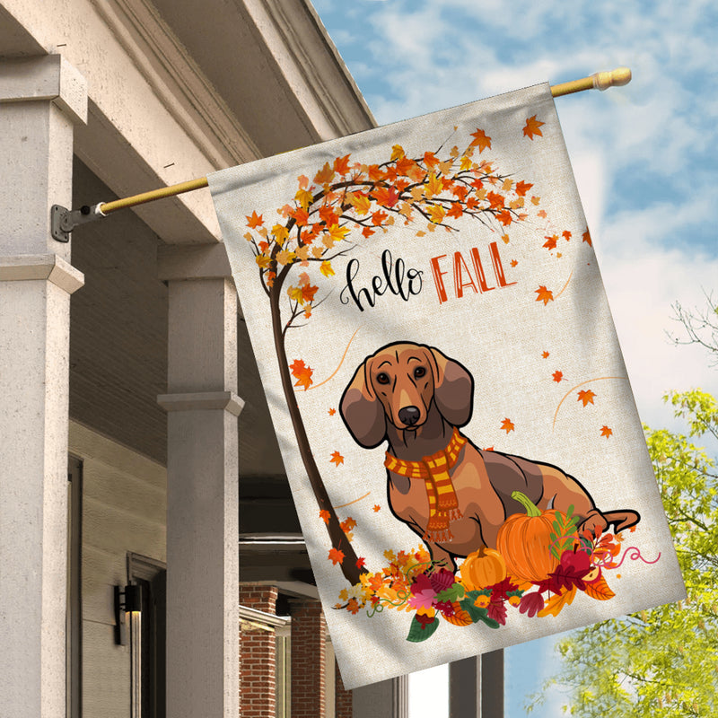 Hello Fall Dachshund Dog Flag Maple Leaves Orange Pumpkin Autumn House Flag mockup 2 800x.jpg