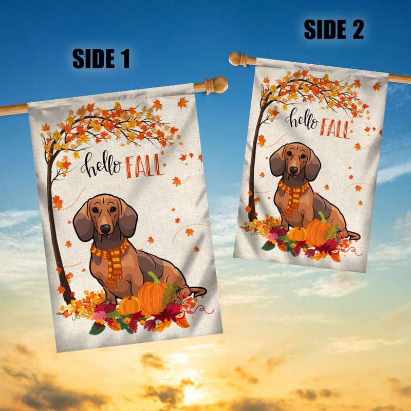 Hello Fall Dachshund Dog Flag Maple Leaves Orange Pumpkin Autumn House Flag mockup 3 800x.jpg