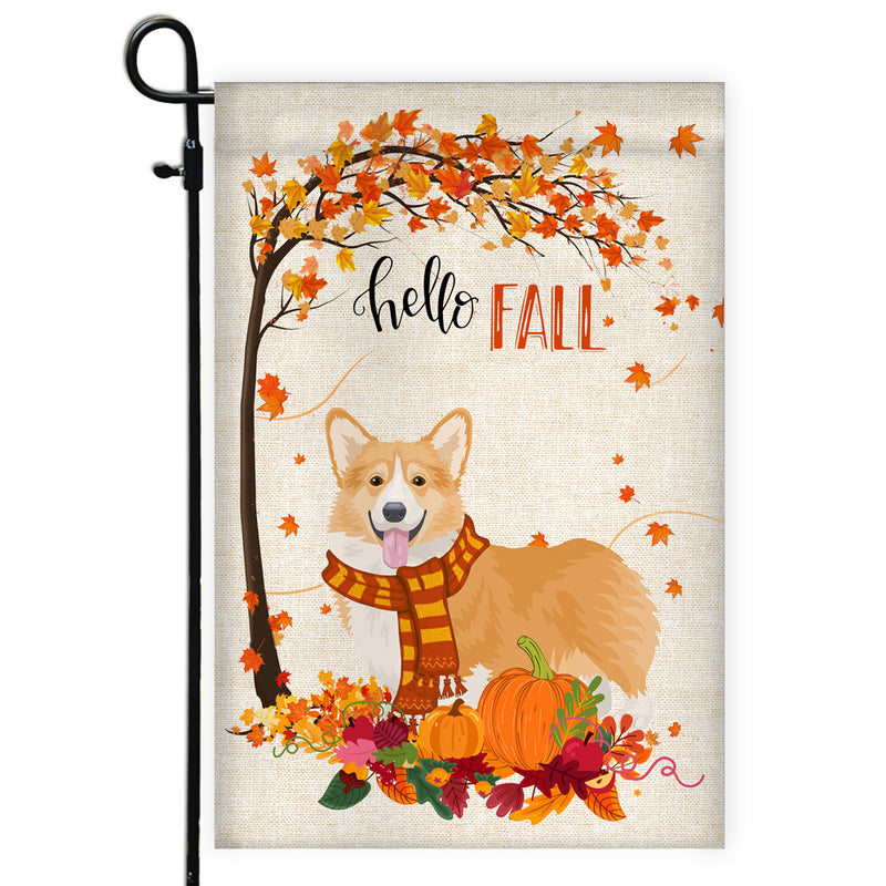 Hello Fall Corgi Dog Flag Maple Leaves Orange Pumpkin Autumn Garden Flag mockup 1 800x.jpg