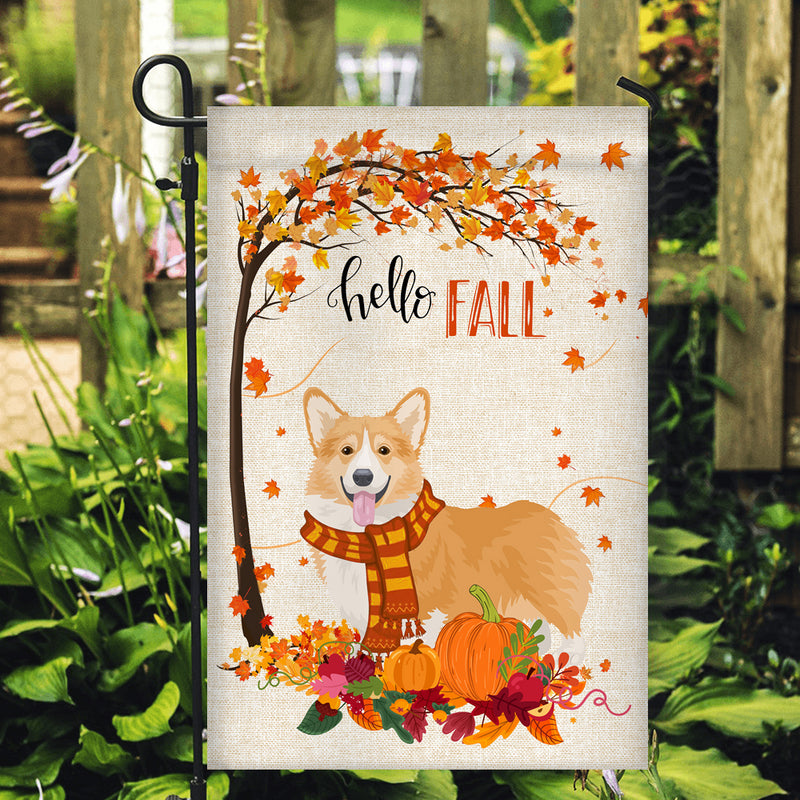 Hello Fall Corgi Dog Flag Maple Leaves Orange Pumpkin Autumn Garden Flag mockup 2 800x.jpg