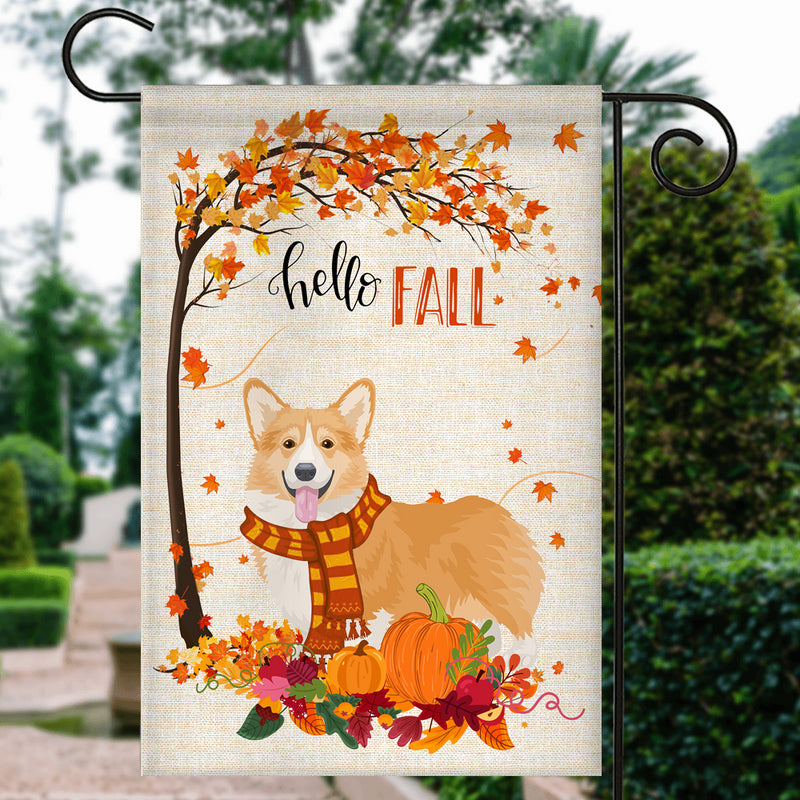 Hello Fall Corgi Dog Flag Maple Leaves Orange Pumpkin Autumn Garden Flag mockup 3 800x.jpg