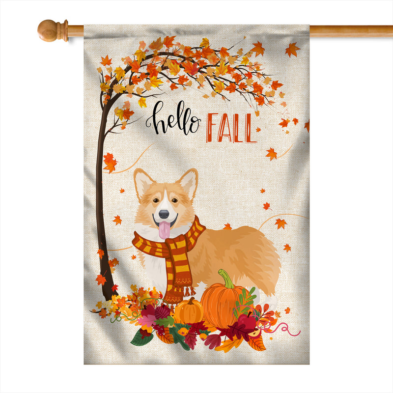 Hello Fall Corgi Dog Flag Maple Leaves Orange Pumpkin Autumn House Flag mockup 1 800x.jpg