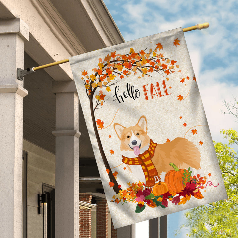 Hello Fall Corgi Dog Flag Maple Leaves Orange Pumpkin Autumn House Flag mockup 2 800x.jpg