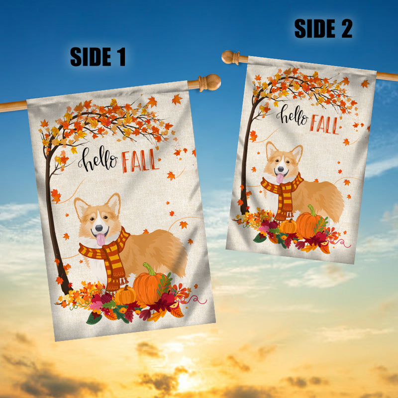 Hello Fall Corgi Dog Flag Maple Leaves Orange Pumpkin Autumn House Flag mockup 3 800x.jpg