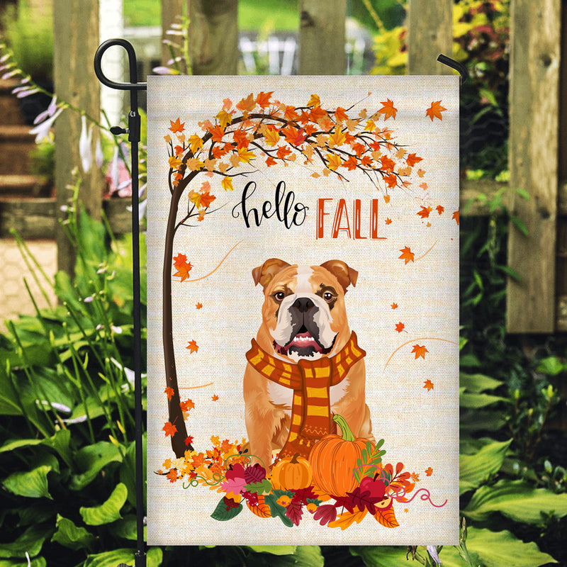 Hello Fall Bulldog Dog Flag Maple Leaves Orange Pumpkin Autumn Garden Flag mockup 2 800x.jpg