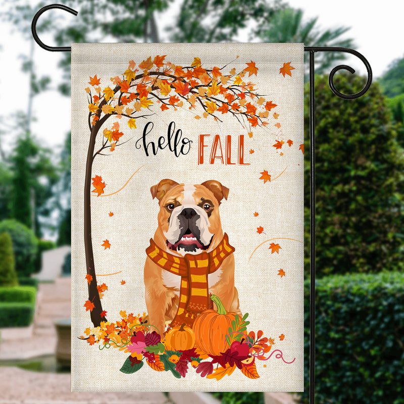 Hello Fall Bulldog Dog Flag Maple Leaves Orange Pumpkin Autumn Garden Flag mockup 3 800x.jpg