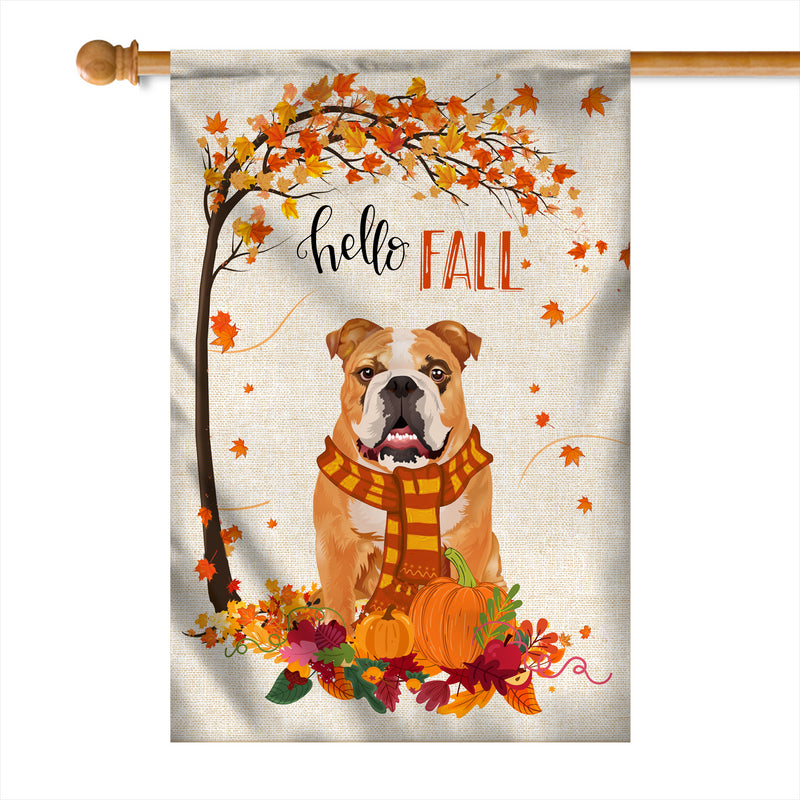Hello Fall Bulldog Dog Flag Maple Leaves Orange Pumpkin Autumn House Flag mockup 1 800x.jpg