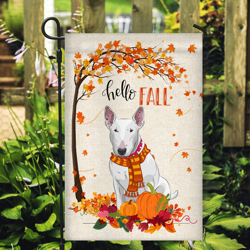 Hello Fall Bull Terrier Dog Flag Maple Leaves Orange Pumpkin Autumn Garden Flag mockup 2 800x.jpg