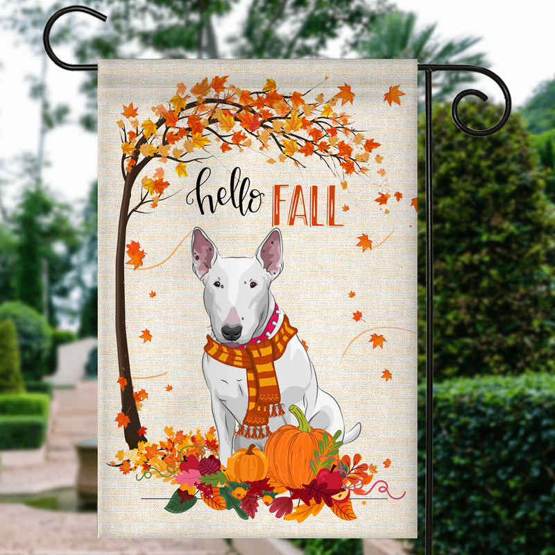 Hello Fall Bull Terrier Dog Flag Maple Leaves Orange Pumpkin Autumn Garden Flag mockup 3 800x.jpg