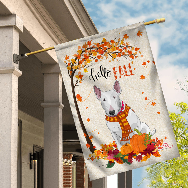 Hello Fall Bull Terrier Dog Flag Maple Leaves Orange Pumpkin Autumn House Flag mockup 2 800x.jpg