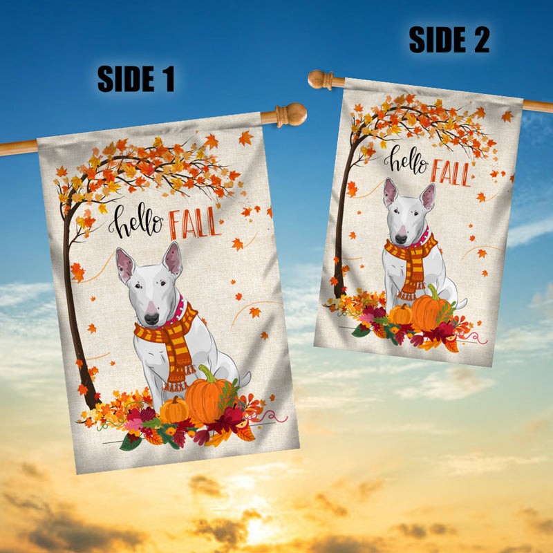Hello Fall Bull Terrier Dog Flag Maple Leaves Orange Pumpkin Autumn House Flag mockup 3 800x.jpg