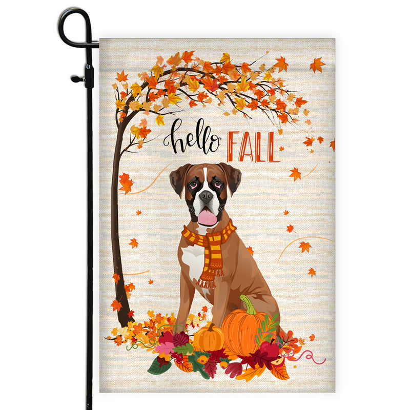 Hello Fall Boxer Dog Flag Maple Leaves Orange Pumpkin Autumn Garden Flag mockup 1 800x.jpg