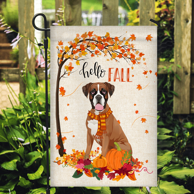Hello Fall Boxer Dog Flag Maple Leaves Orange Pumpkin Autumn Garden Flag mockup 2 800x.jpg