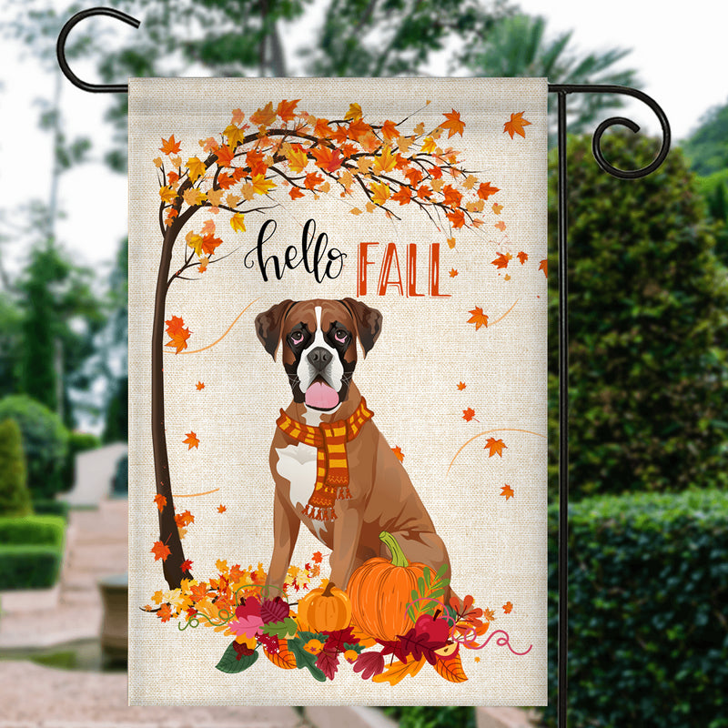 Hello Fall Boxer Dog Flag Maple Leaves Orange Pumpkin Autumn Garden Flag mockup 3 800x.jpg