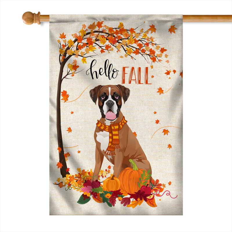 Hello Fall Boxer Dog Flag Maple Leaves Orange Pumpkin Autumn House Flag mockup 1 800x.jpg