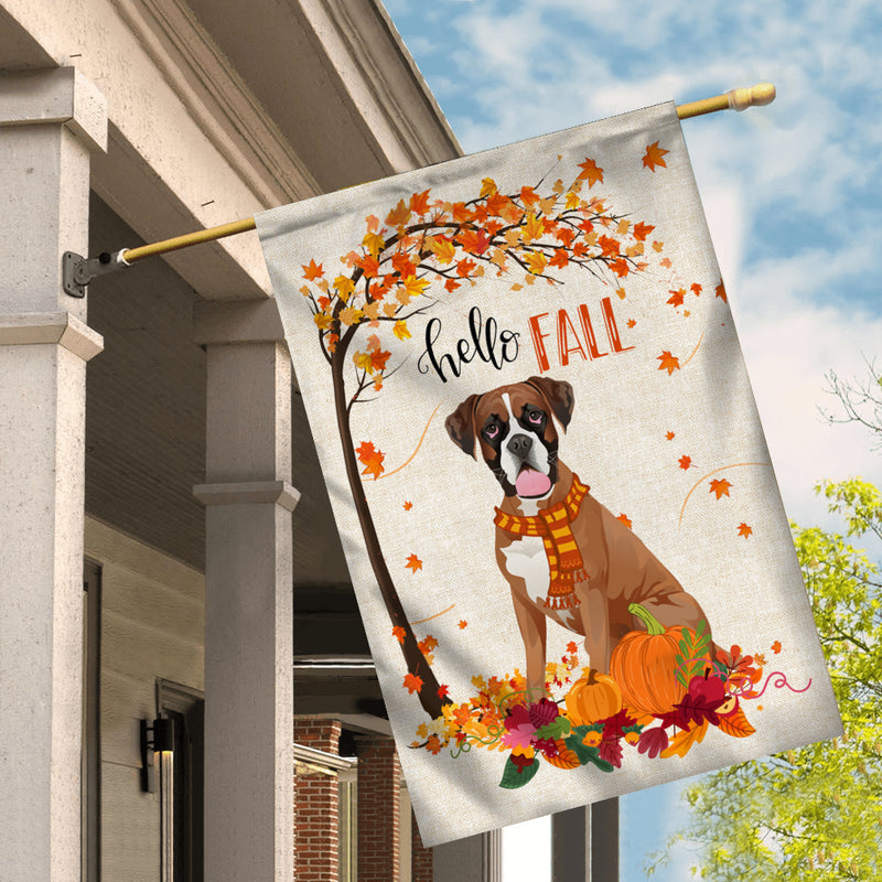 Hello Fall Boxer Dog Flag Maple Leaves Orange Pumpkin Autumn House Flag mockup 2 800x.jpg