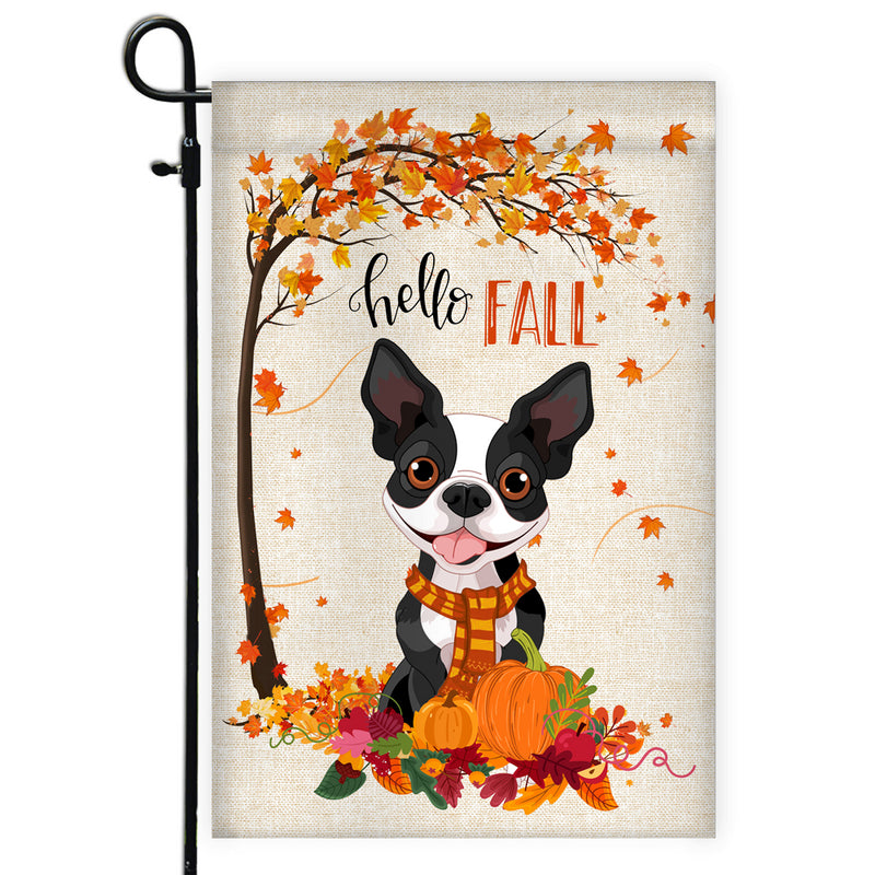 Hello Fall Boston Terrier Dog Flag Maple Leaves Orange Pumpkin Autumn Garden Flag mockup 1 800x.jpg