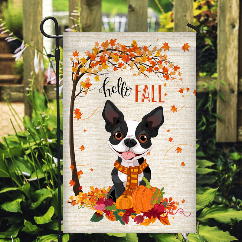 Hello Fall Boston Terrier Dog Flag Maple Leaves Orange Pumpkin Autumn Garden Flag mockup 2 800x.jpg