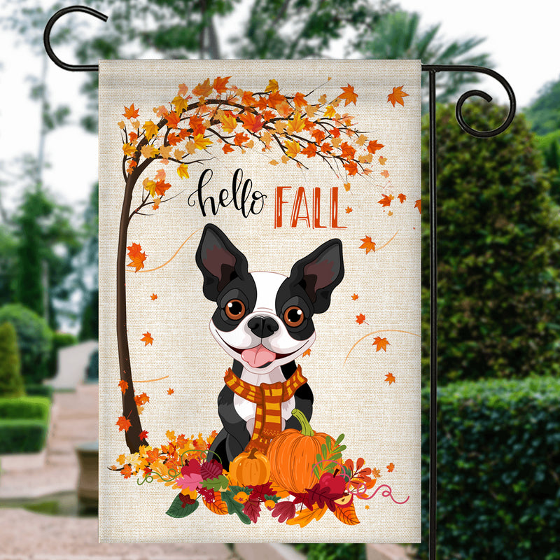 Hello Fall Boston Terrier Dog Flag Maple Leaves Orange Pumpkin Autumn Garden Flag mockup 3 800x.jpg