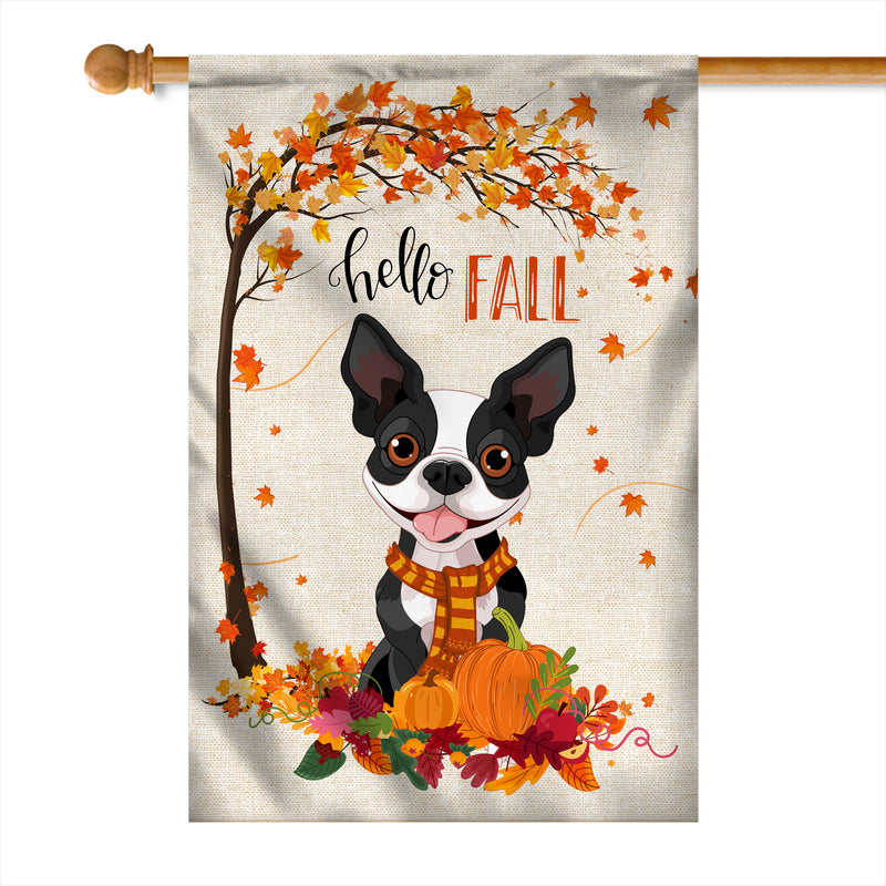 Hello Fall Boston Terrier Dog Flag Maple Leaves Orange Pumpkin Autumn House Flag mockup 1 800x.jpg