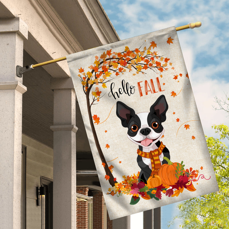 Hello Fall Boston Terrier Dog Flag Maple Leaves Orange Pumpkin Autumn House Flag mockup 2 800x.jpg
