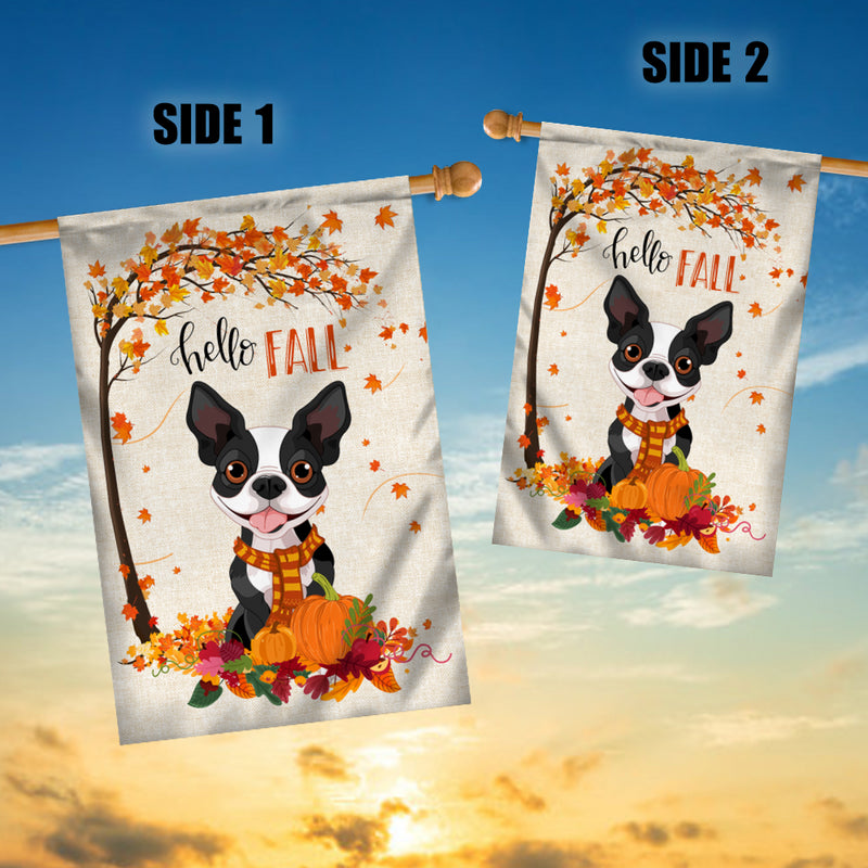 Hello Fall Boston Terrier Dog Flag Maple Leaves Orange Pumpkin Autumn House Flag mockup 3 800x.jpg