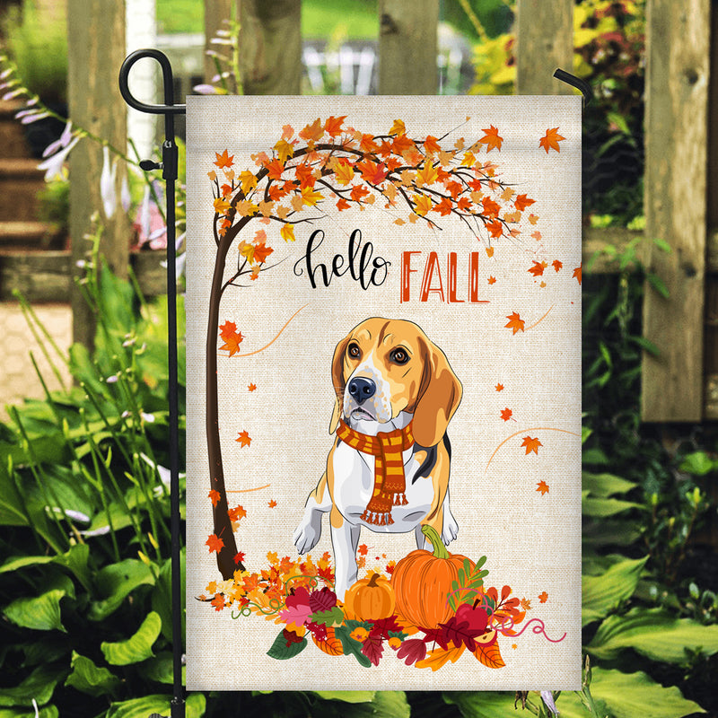 Hello Fall Beagle Dog Flag Maple Leaves Orange Pumpkin Autumn Garden Flag mockup 2 800x.jpg
