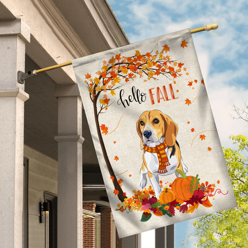 Hello Fall Beagle Dog Flag Maple Leaves Orange Pumpkin Autumn House Flag mockup 2 800x.jpg