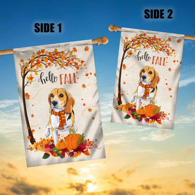 Hello Fall Beagle Dog Flag Maple Leaves Orange Pumpkin Autumn House Flag mockup 3 800x.jpg