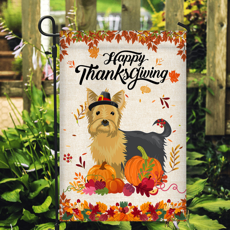 Happy Thanksgiving Funny Yorkie Flag Fall Pumpkin Farmhouse Autumn Thanksgiving Garden Flag mockup 2 800x.jpg