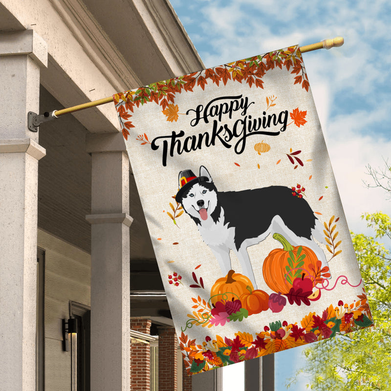 Happy Thanksgiving Funny Siberian Husky Flag Fall Pumpkin Farmhouse Autumn Thanksgiving House Flag mockup 2 800x.jpg
