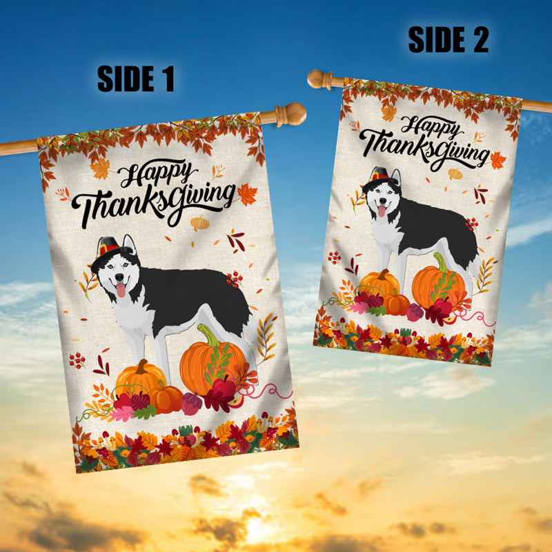 Happy Thanksgiving Funny Siberian Husky Flag Fall Pumpkin Farmhouse Autumn Thanksgiving House Flag mockup 3 800x.jpg