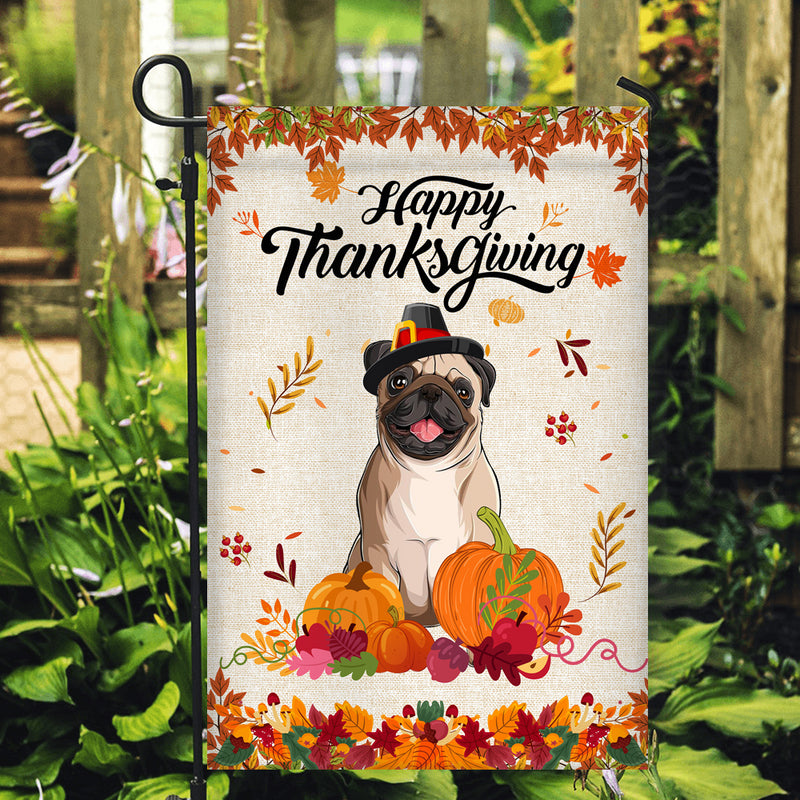 Happy Thanksgiving Funny Pug Flag Fall Pumpkin Farmhouse Autumn Thanksgiving Garden Flag mockup 2 800x.jpg