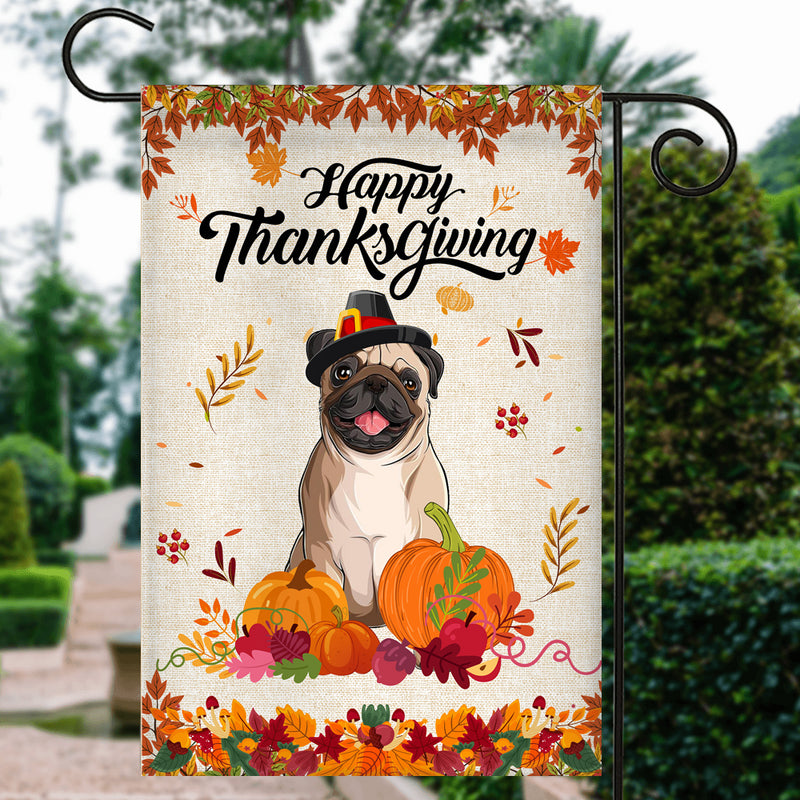Happy Thanksgiving Funny Pug Flag Fall Pumpkin Farmhouse Autumn Thanksgiving Garden Flag mockup 3 800x.jpg