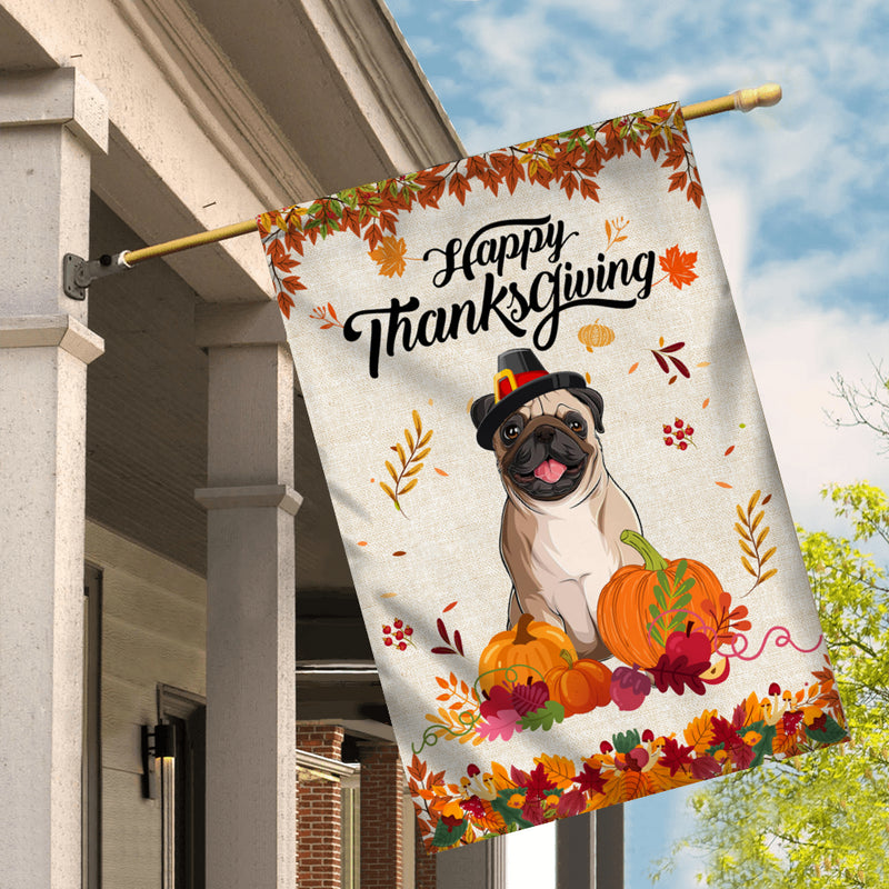 Happy Thanksgiving Funny Pug Flag Fall Pumpkin Farmhouse Autumn Thanksgiving House Flag mockup 2 800x.jpg