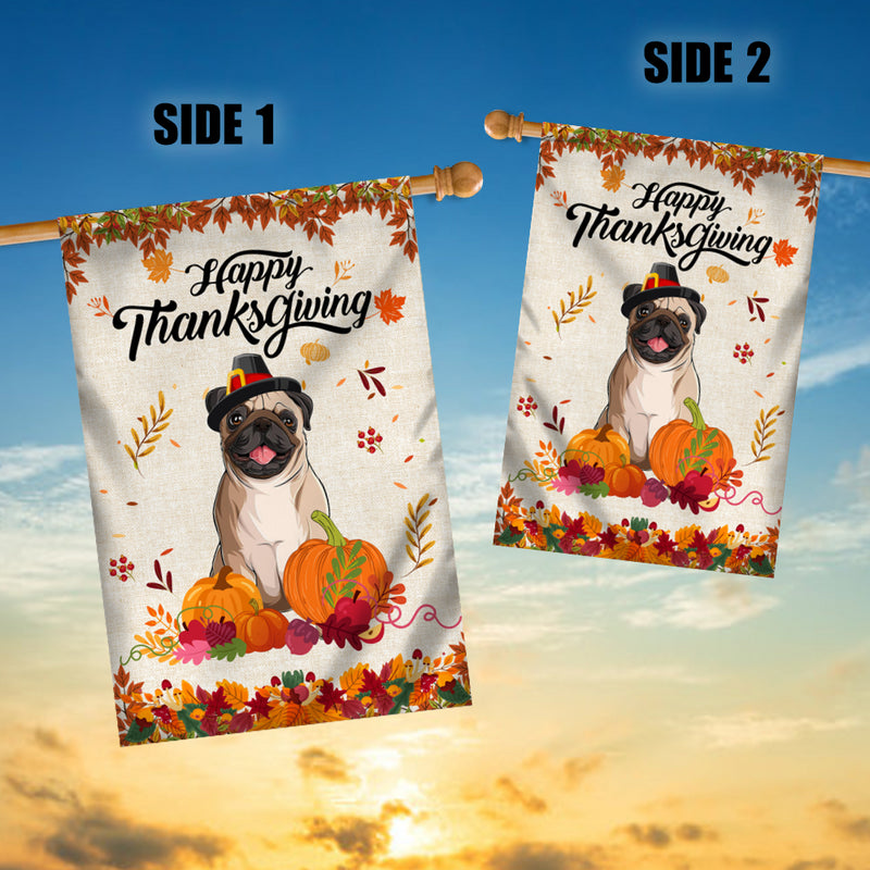 Happy Thanksgiving Funny Pug Flag Fall Pumpkin Farmhouse Autumn Thanksgiving House Flag mockup 3 800x.jpg