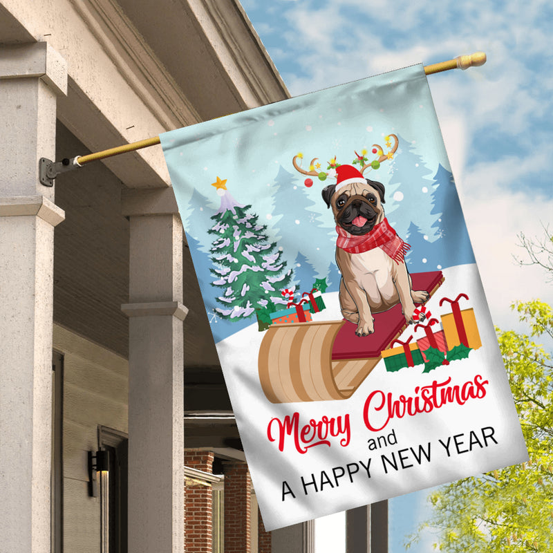 Dog Pug Christmas Flag Merry Christmas and Happy New Year Welcome Gift for Dog Lovers House Flag mockup 2 800x.jpg