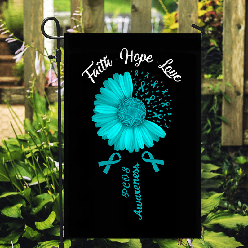 Faith Hope Love PCOS Awareness Flag Daisy Flower Teal Ribbon Garden Flag mockup 2 800x.jpg