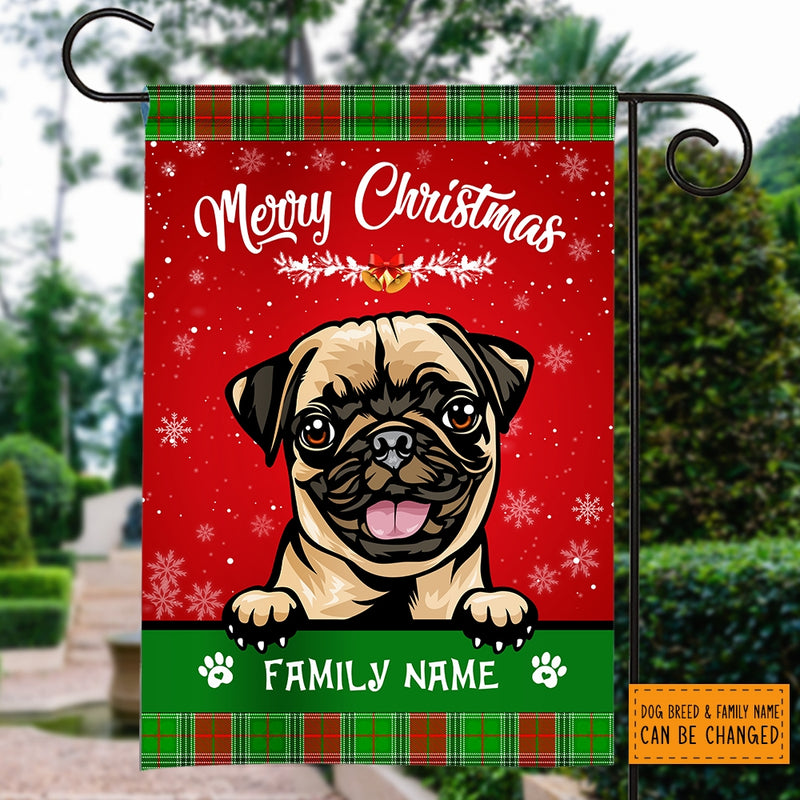 Personalized Dog Christmas Flag Merry Christmas Peeking Dog In Santa Hat Snowflake Xmas Green Red Garden Flag mockup 3 800x.jpg