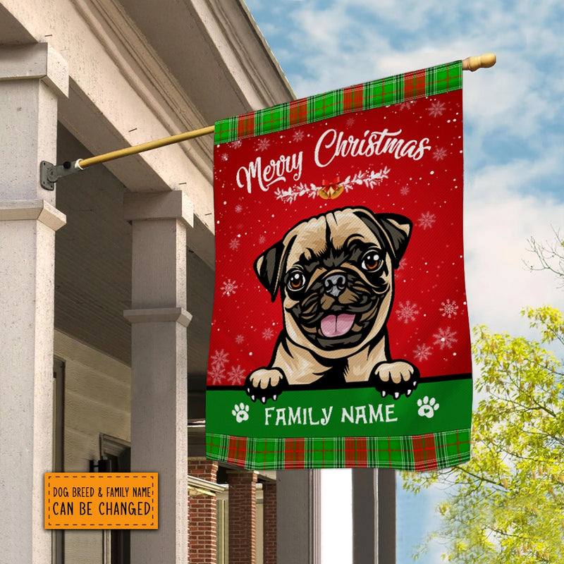 Personalized Dog Christmas Flag Merry Christmas Peeking Dog In Santa Hat Snowflake Xmas Green Red House Flag mockup 2 800x.jpg