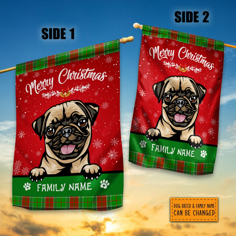 Personalized Dog Christmas Flag Merry Christmas Peeking Dog In Santa Hat Snowflake Xmas Green Red House Flag mockup 3 800x.jpg