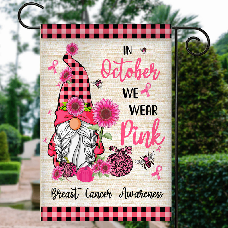 Breast Cancer Gnome Flag In October We Wear Pink Garden Flag mockup 3 800x.jpg