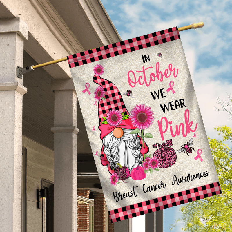 Breast Cancer Gnome Flag In October We Wear Pink House Flag mockup 2 800x.jpg