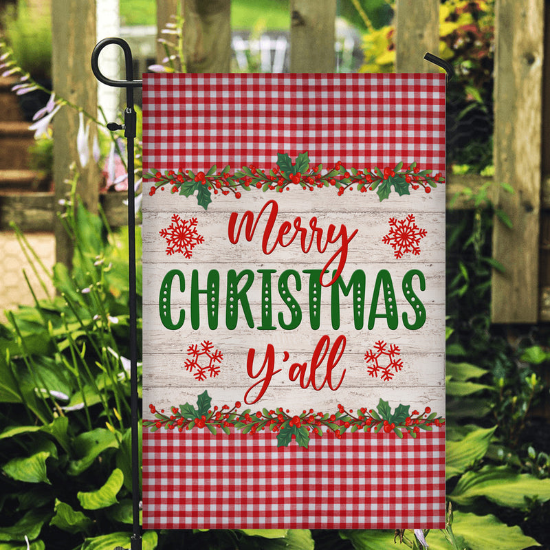 Merry Christmas Y all Flag Buffalo Check Plaid Xmas Quote Garden Flag mockup 2 800x.jpg
