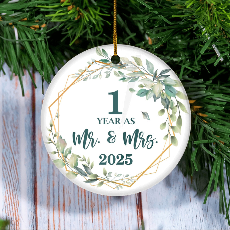 1st Anniversary Wedding Ornament Married 1 Year As Mr and Mrs For Couples Christmas Husband Wife Wedding Gift Holiday Decoration Christmas Tree Ornament Circle Ornament Mockup 3 800x.jpg
