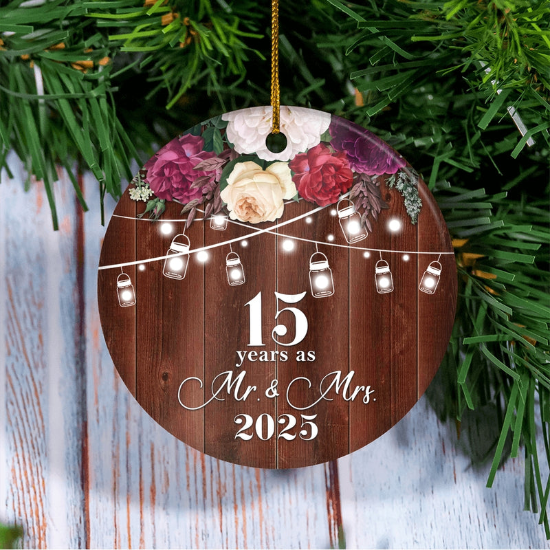 15th Anniversary Wedding Ornament 15 Years As Mr and Mrs For Couples Christmas Husband Wife Married Wedding Gift Holiday Decoration Christmas Tree Ornament Circle Ornament Mockup 3 800x.jpg