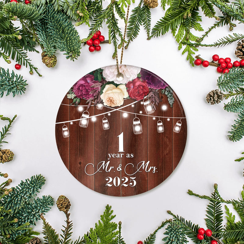 1st Anniversary Wedding Ornament 1 Year As Mr and Mrs For Couples Christmas Husband Wife Married Wedding Gift Holiday Decoration Christmas Tree Ornament Circle Ornament Mockup 2 800x.jpg