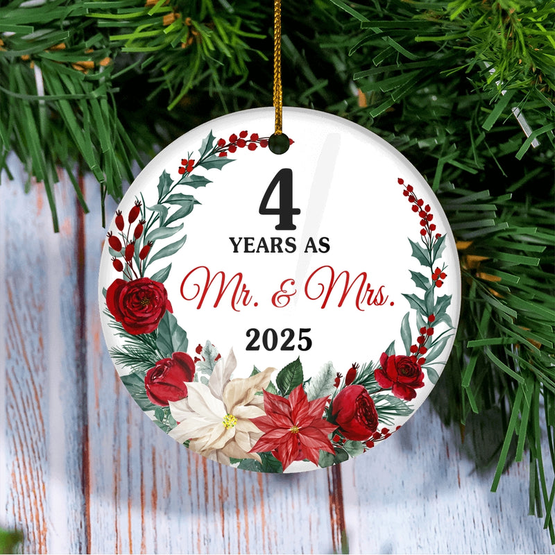 4th Wedding Anniversary Ornament Married 5 Years As Mr and Mrs For Couples Christmas Husband Wife Wedding Gift Holiday Decoration Christmas Tree Ornament Circle Ornament Mockup 3 800x.jpg